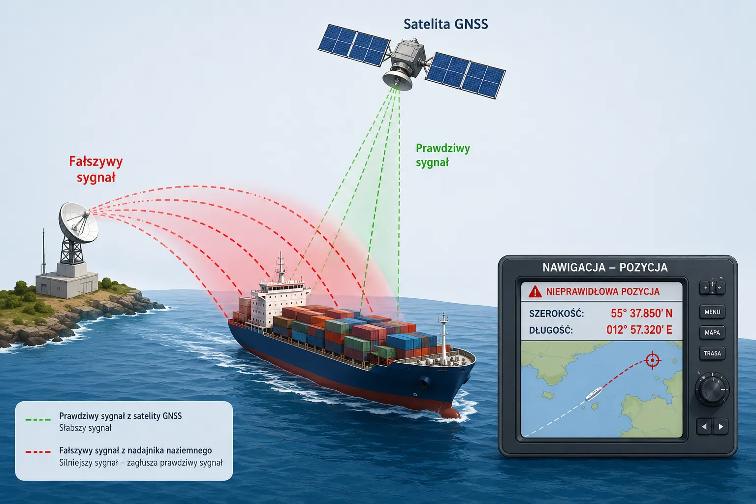 GNSS spoofing: Rosnące zagrożenie dla systemów nawigacji w transporcie morskim 1 Czym jest GNSS spoofing i jak działa